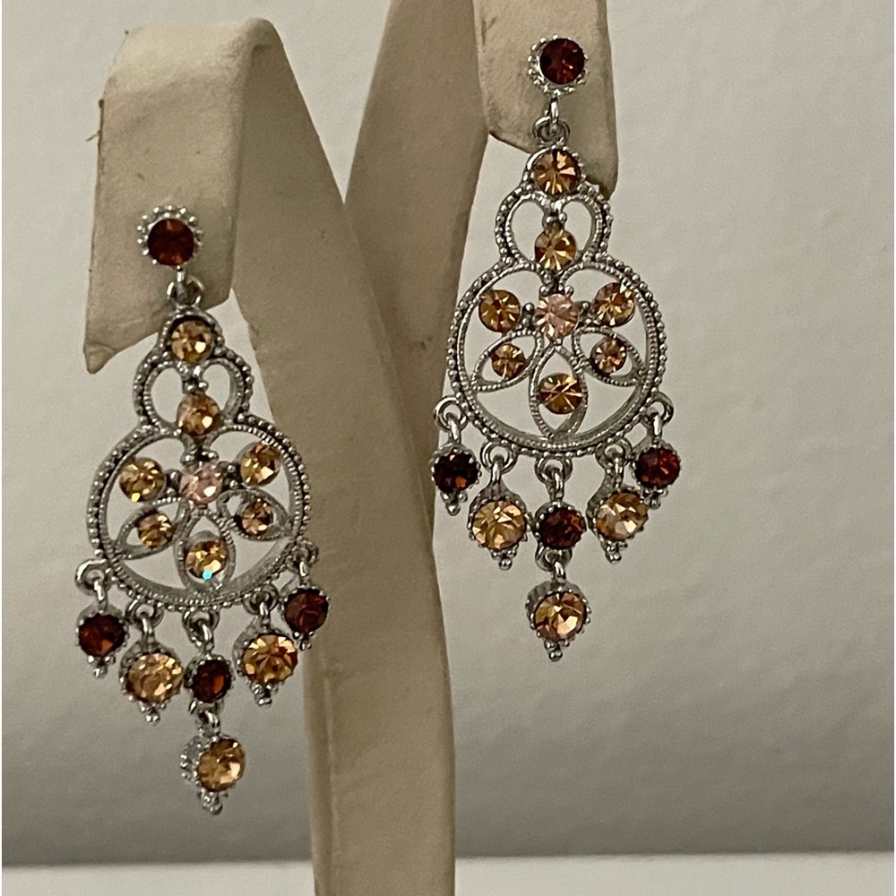 Chandelier Earrings Vintage Style silver Tone with tassel Faux amber crystals
